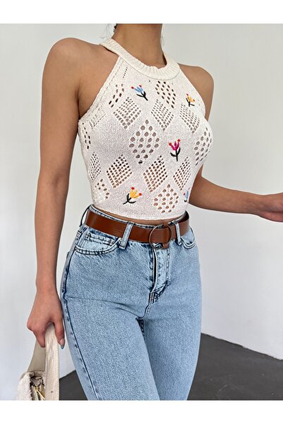 Modamorfo δαντελωτή πλέξη Κεντημένο πλεκτό μπλουζάκι με κοντό μανίκι - Κρεμ