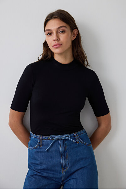 Penti Černý top s polovičním rolákem a 3/4 rukávy Slim Fit