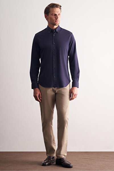 İmza Синя сорочка з ґудзиками на комірі, довгими рукавами, облягаючим кроєм та еластичною тканиною 1004255270