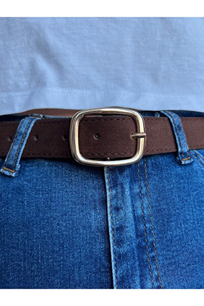 Eksibir Oval Tokalı Kahverengi Süet Kadın Kemeri Pantolon Kemeri Elbise Kemeri