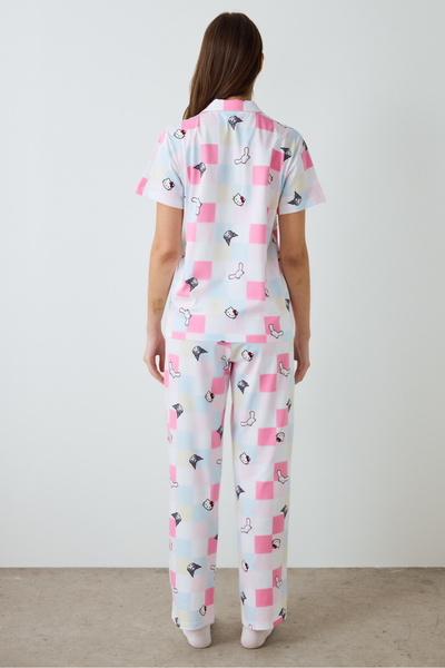 Penti Οπτικό λευκό Hello Kitty καρό πουκάμισο γιακά βαμβακερό κοντομάνικο σετ πιτζάμες