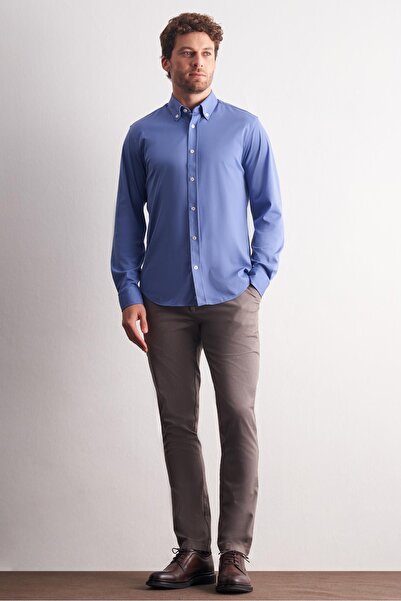 İmza Dark Blue Buttoned Collar Knitted Long Sleeve Product Slim Fit Stretchy Shirt 1004255270