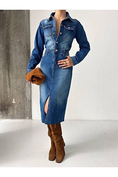 LUJJE Önden Yırtmaçlı Denim Elbise