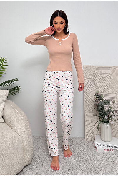 Biraltı Moda Long Sleeve Button Detailed Combed Cotton Women's Pajama Set