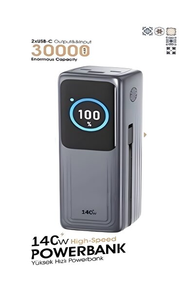 DEANB 30000mAh 140W Hızlı Şarjlı TFT Ekranlı Kendinden Type-C Kablolu 2Type-C 1USB Girişli Powerbank