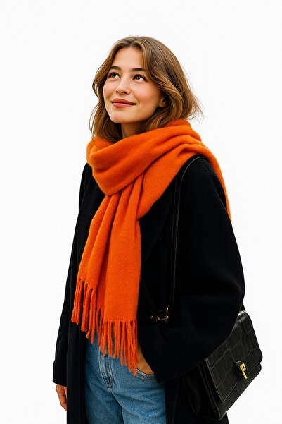 ZERAMİNE Turuncu Kadın Kışlık Püsküllü Atkı | Yumuşak Dokulu Kalın Şal - Soft...