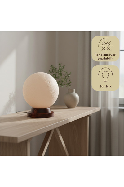 By Tridome Lijus Dekoratif Aydınlatma – Ay Lambası (Beyaz Işık) / Ahşap Tabanlı