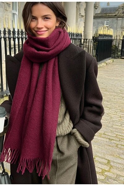 ZERAMİNE Eșarfă cu ciucuri de iarnă pentru femei Burgundy |   Şal gros cu textura moale - Eşarfă moale Buklet - Model paste
