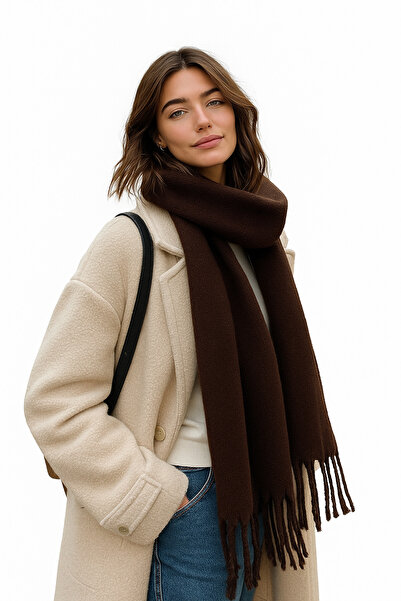 ZERAMİNE Brown Women's Winter Tassel Scarf | Soft Textured Thick Shawl - Soft Boucle Scarf - Pasta Model