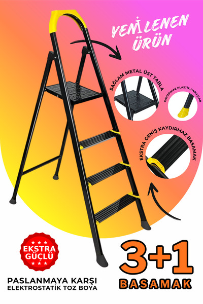 Genel Markalar Ze Hardy 3+1 Basamaklı Özel Tasarım Hafif Merdiven (Kaymaz Pap...