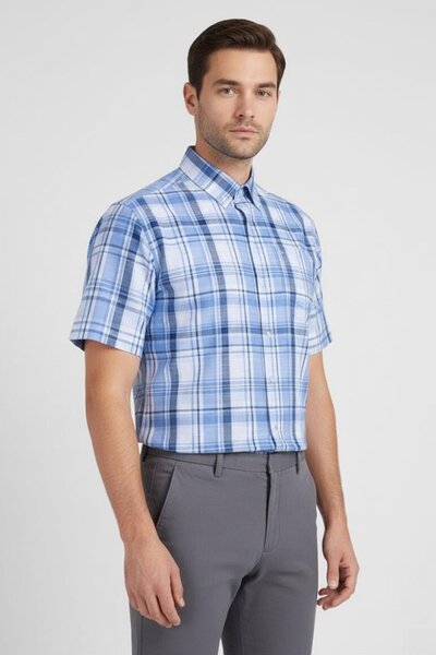 Sabri Özel Kısa Kollu Ekose Desenli Pamuk Gömlek Mavi