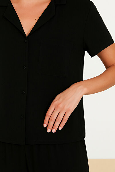 Noi Belis Woven Pajama Set with Pocket Shirt Collar Viscose Shorts Aw25Au0032