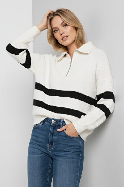 Elemge Women's Ecru Striped Zippered Collar Knitwear Sweater Loose Fit Striped Detail