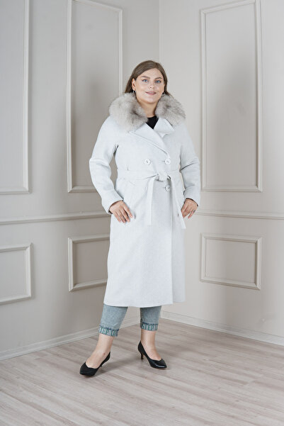 KENT Kürk Yakalı Ekru Büyük Beden Kaban