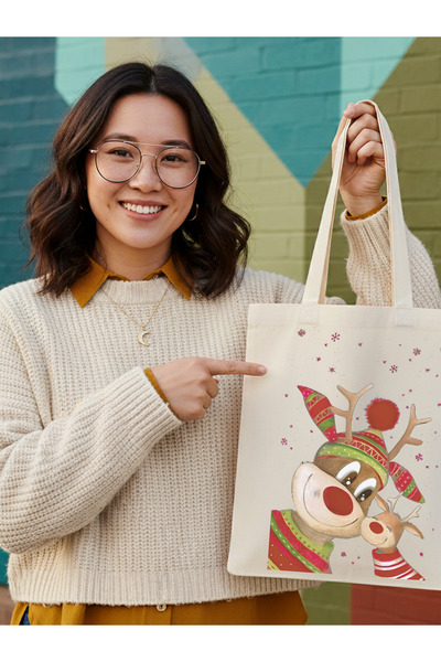 Cemira Ελάφια και το μωρό της Πρωτοχρονιάτικη υφασμάτινη τσάντα Tote Bag