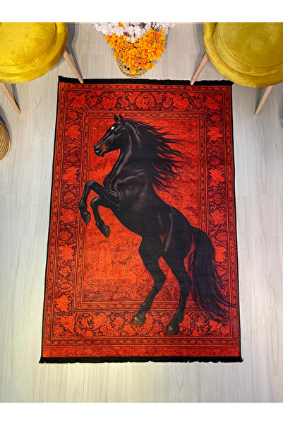 Rugs Modern Halı MOSSO Kırmızı Vintage Desenli Siyah At Detaylı Saçaklı Dokum...