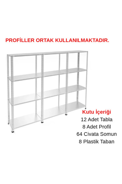 RafBurada 4 Katlı 3'lü Galvaniz Çelik Raf - Depo, Arşiv, Kiler, Dosya, Market Rafı 31x60 cm-150 cm-0.70 mm