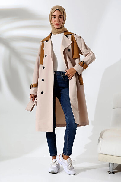 Mihran Butik Waterproof Regular Fit Women's Trench Coat - Double Breasted Collar, Bondit Fabric