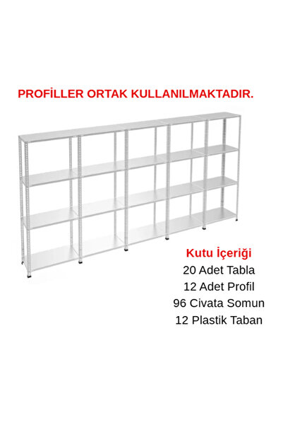 RafBurada 4 Katlı 5'li Galvaniz Çelik Raf - Depo, Arşiv, Kiler, Dosya, Market Rafı 43x60 cm-200 cm-0.70 mm