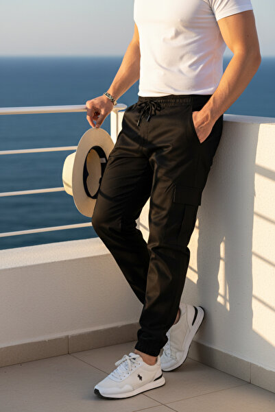 VIKUNYA Ανδρικό παντελόνι από βαμβακερό ελαστικό ύφασμα πλαϊνή τσέπη τεμάχια με πλαϊνές τσέπες σε μαύρο χρώμα