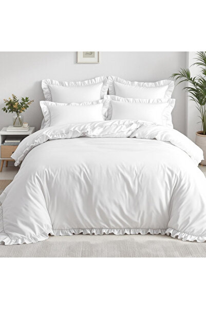 Maki White Flat Double Frilly Duvet Cover and 2 Pillowcases