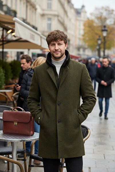 Frappoli Lino Men's Khaki Very Thick Zippered Coat with Thin Fur Pattern Inside Sl Slim Fit Aše Coat