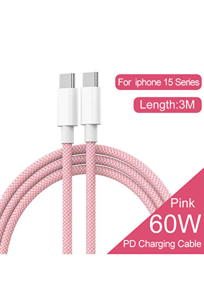 Choice كابل شاحن مضفر من نوع C إلى C باللون الوردي 3M، مزود بتقنية PD 60 وات،...