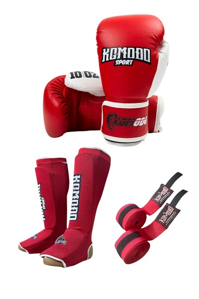 KOMODO SPORT Boks Eldiveni 10 oz/Bandaj 3,5 Metre /Elastik Kick Boks Kaval ve Ayaküstü Koruyucu Set