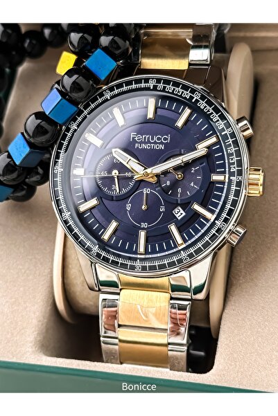 Ferrucci GÜMÜŞ SARI Çelik Kordon, LACİVERT Kadran, Fonksiyonları Aktif, Takvimli Erkek Kol Saati+Bileklik