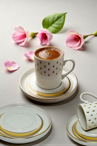 GÜLZE 6 Kişilik (12 Parça) ALTIN YAĞMURU MODEL AVANGART Porselen KahveFincan ...