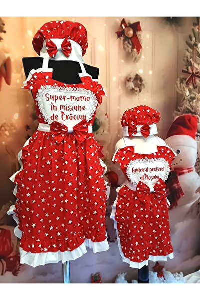 HandMadeBuy Mother-daughter kitchen apron set with bonnets, 4 pieces, personalized