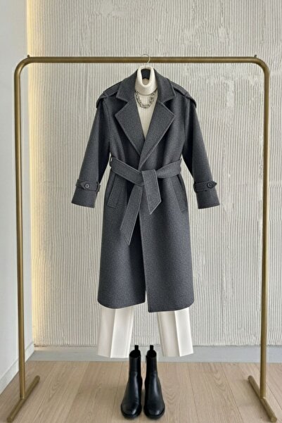 Paragon Women's Anthracite Hijab Double-Breasted Cashmere Coat Long Winter Belted Stylish Overcoat