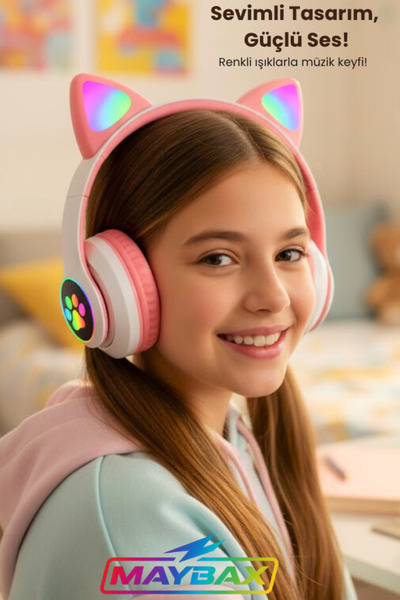 OWWOTECH 23m Kablosuz Bluetooth Kulaklık Led Işıklı Mikrofonlu Kedili Kulaklık Bt5.0