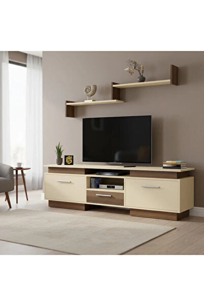 Stylish Home طاولة تلفزيون مودرن مع رف جداري - بني وبيج