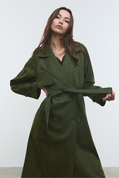 Stradivarius Suni süet görünümlü uzun trençkot