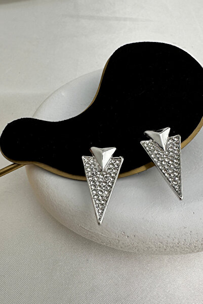 Modex Gümüş Rengi Taşlı Üçgen Küpe(3CM)