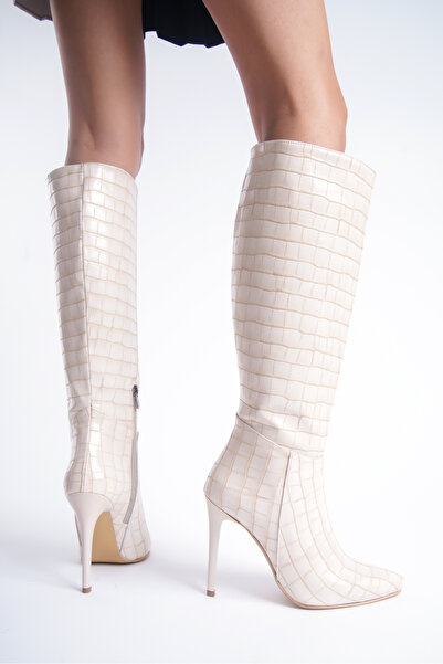 Shoesers Γυναικείες μπότες Croco Design με ψηλό τακούνι - μυτερή μύτη, μισό φ...