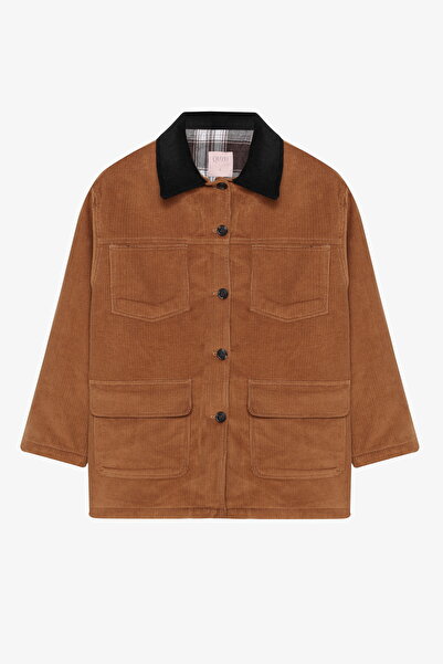 Quzu Βελούδινο μπουφάν oversized με τσέπες με γιακά αντίθεσης καφέ