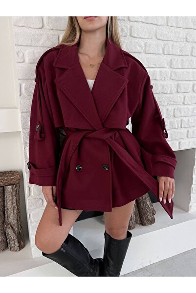 VESS MODA Kadın Kaşe Düğme ve Kuşak Detaylı Kısa Kaşe Kaban Bordo