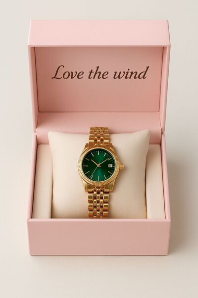Love The Wind Gold Case Green Dial Minimal Women's Wristwatch
