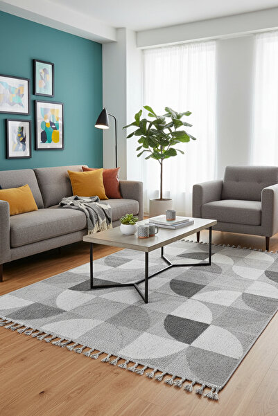 Rose'n Home Oslo T02 - Gri/Beyaz Yumuşak Bukle Dokuma Geometrik Salon Koridor Mutfak Halısı