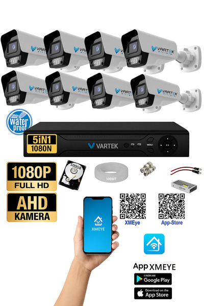 VARTEK BİLİŞİM 8 Kameralı AHD Full HD 9 LED 5MP Kamera Seti - 500GB HDD Dahil...