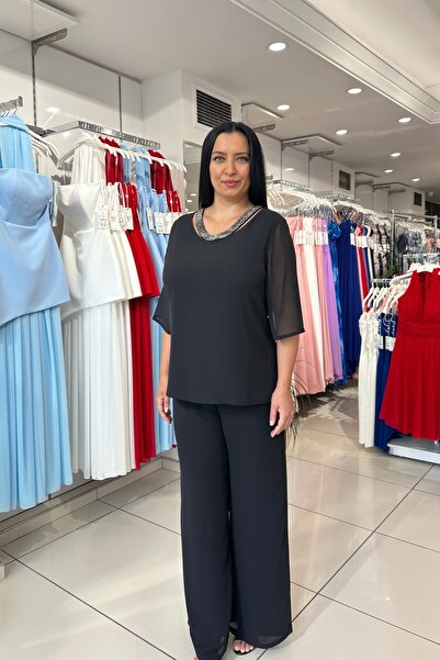 PER LEI Siyah Büyük Beden V Yaka Yakası Taş Detaylı Truvakar Kol Şifon Abiye Bluz