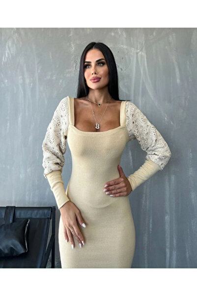 ZenWave Γυναικείο τετράγωνο γιακά μανίκια μανσέτα και τούλι Λεπτομέρεια προσφοράς Midi φόρεμα