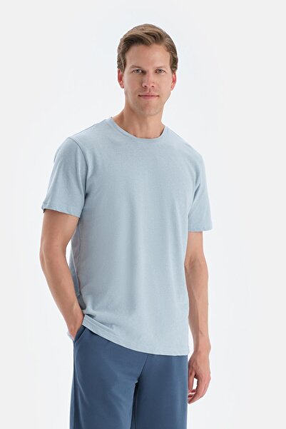 Dagi Tricou tricotat albastru deschis cu gâtul rotund, amestecat de in