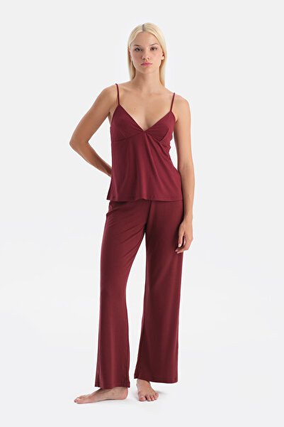 Dagi Burgundy Basic Trousers with Tulle Detail on the Side