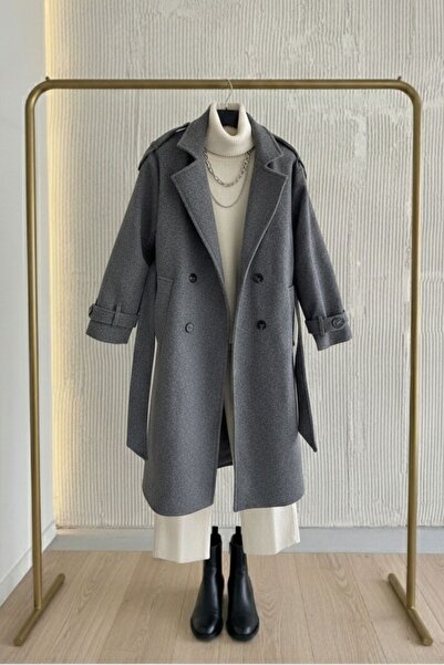Behills Premium Women's Gray Cashmere Coat Long Winter Belted Stylish Overcoat