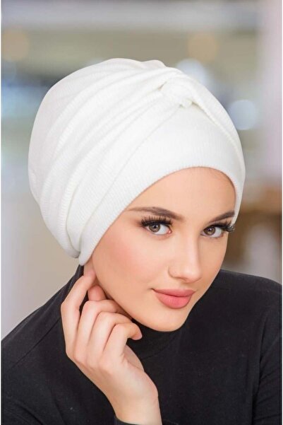 Aişe tesettür White Knitwear Corded Fabric Twist Detailed Bonnet