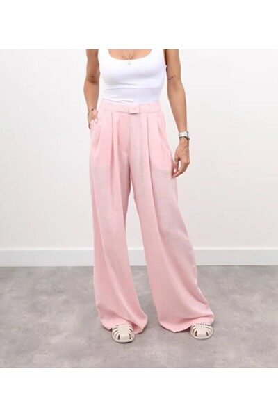 Maldia Shop Women's Elastic Waist Pleated Detail Pink Linen Palazzo Trousers