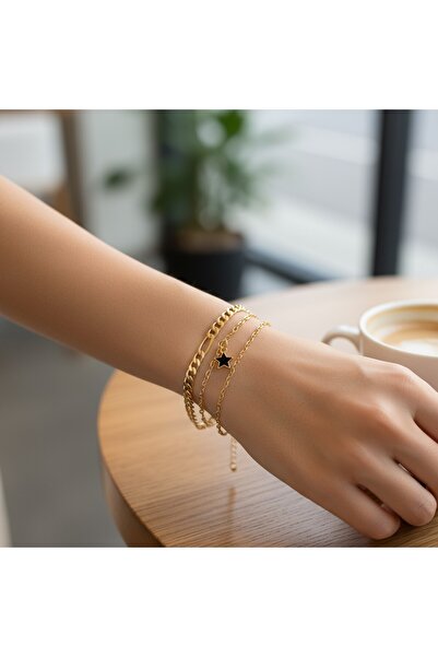 mirelya Women's 3-Piece Star Detailed Gold Combination Bracelet Set